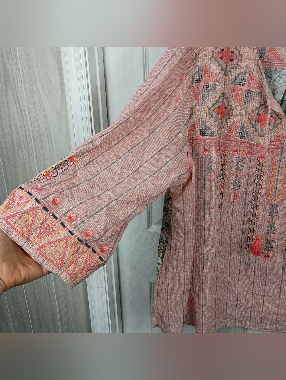 John Mark Linen Tunic Blouse Top 3X Embroidered Floral Tassels 3/4 Sleeves Boho - Picture 3 of 12